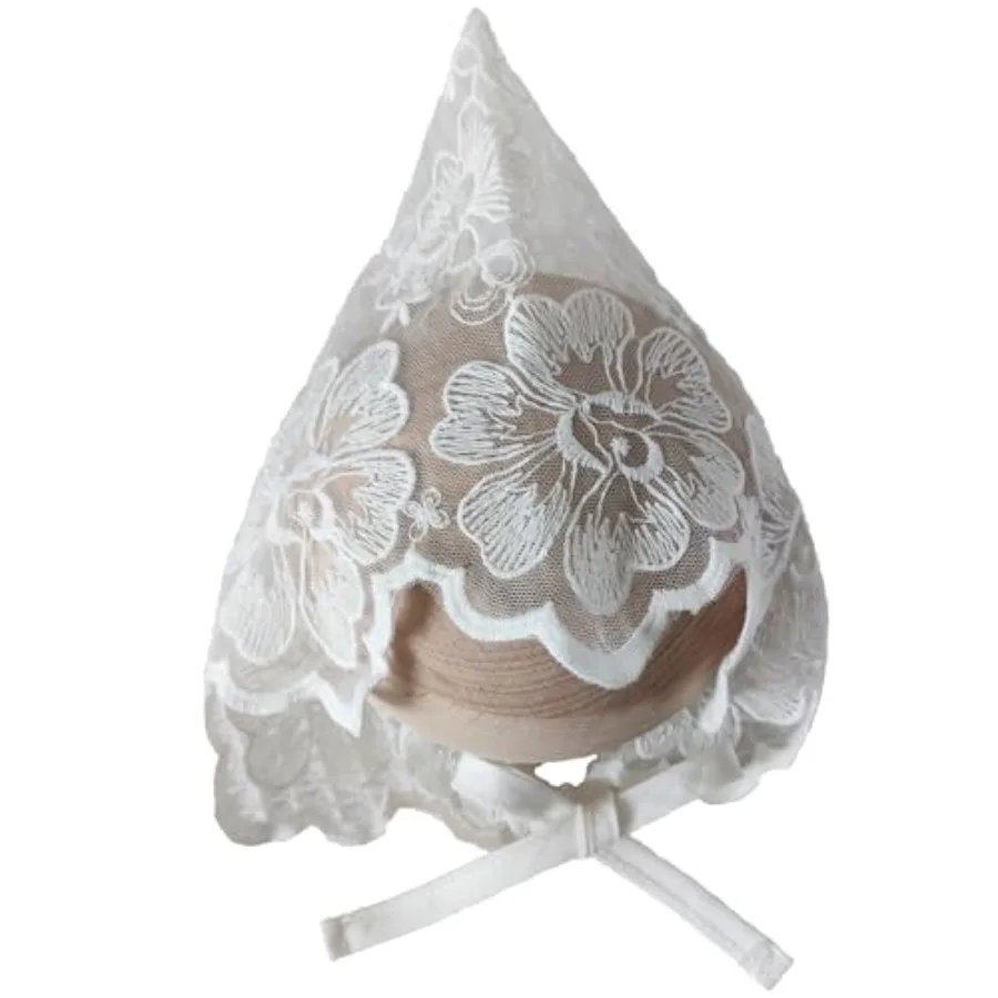 Baby Girl Lace Bonnet, White Floral Vintage Christening Cap, Eyelet Sun Protection Hat for Newborn Infant Baptism