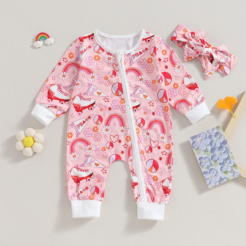 

SUNSIOM 0-18m Infant Baby Fall Jumpsuit Rainbow Pie Print Round Neck Long Sleeve Zipper Rompers + Bow Headband Outfit