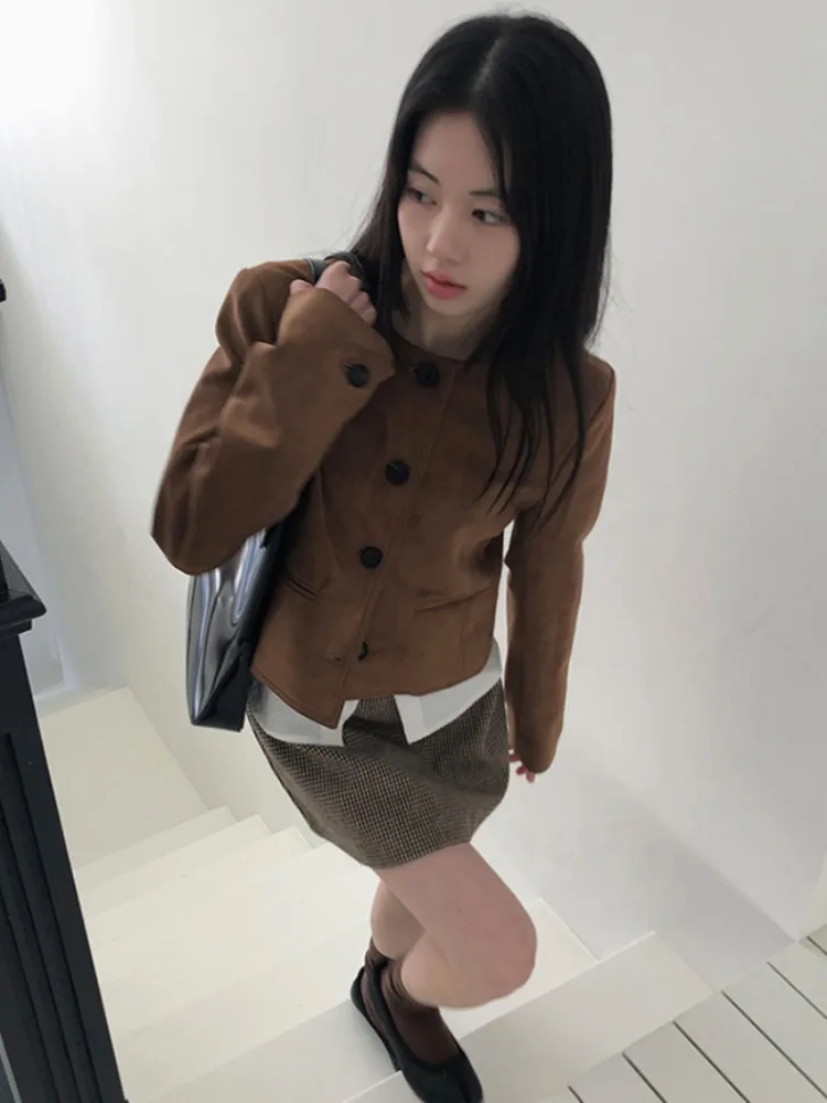 Veste longue en daim rétro Chic à bouton unique, ample et décontractée, longueur d'épaule, vêtements d'extérieur pour jeunes femmes en automne