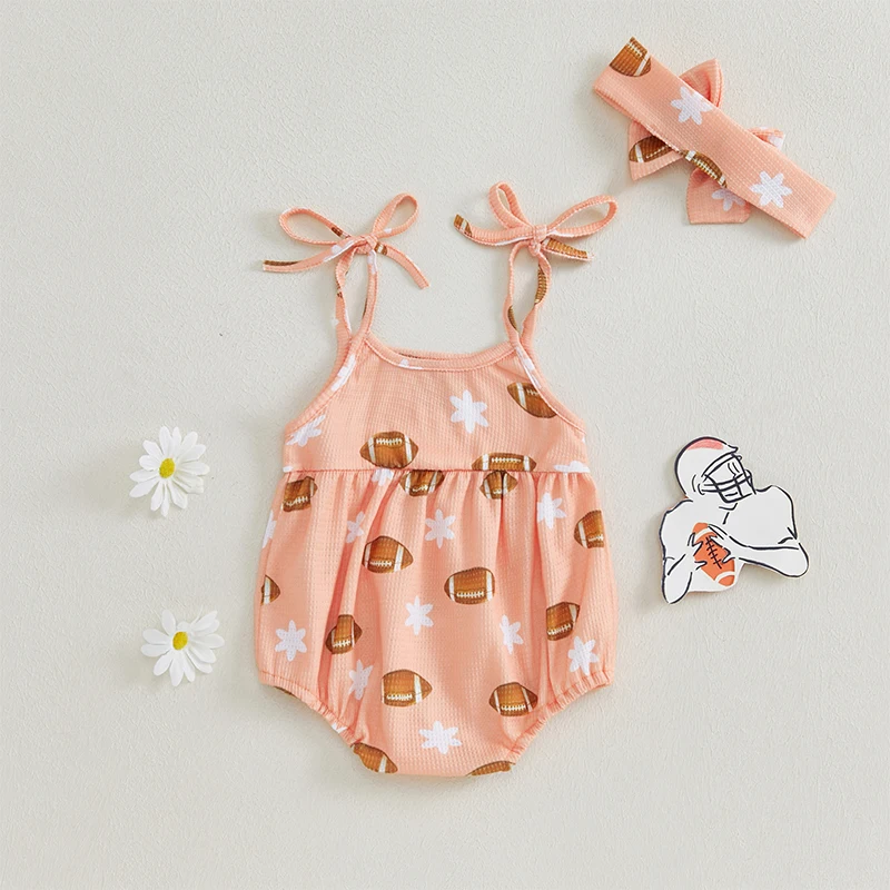 Baby Girls Rompers Rugby Print Tie-Up Spaghetti Strap Sleeveless Jumpsuits Summer Clothes Bodysuits with Headband