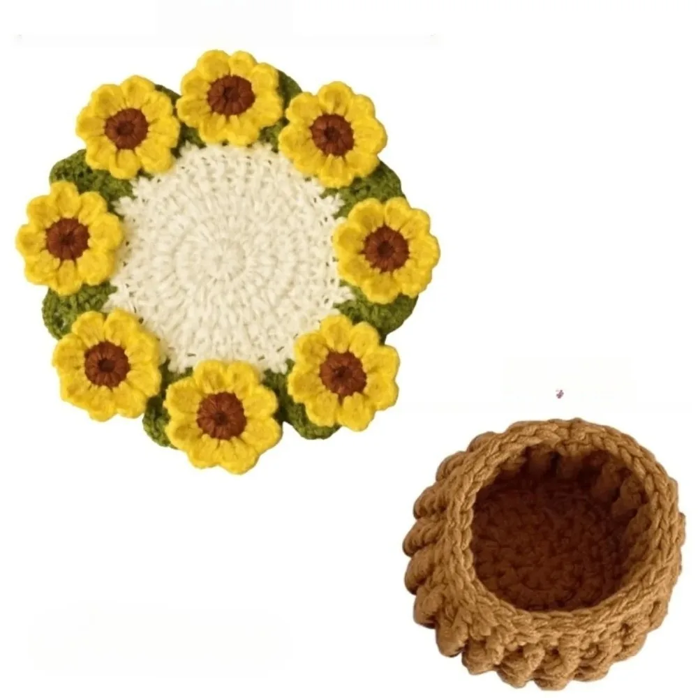 

New Mini Daisy Bouquet Coaster Sunflower with Basket Crochet Coasters Soft and Cute Washable Flora Cup Pads Holiday Gifts