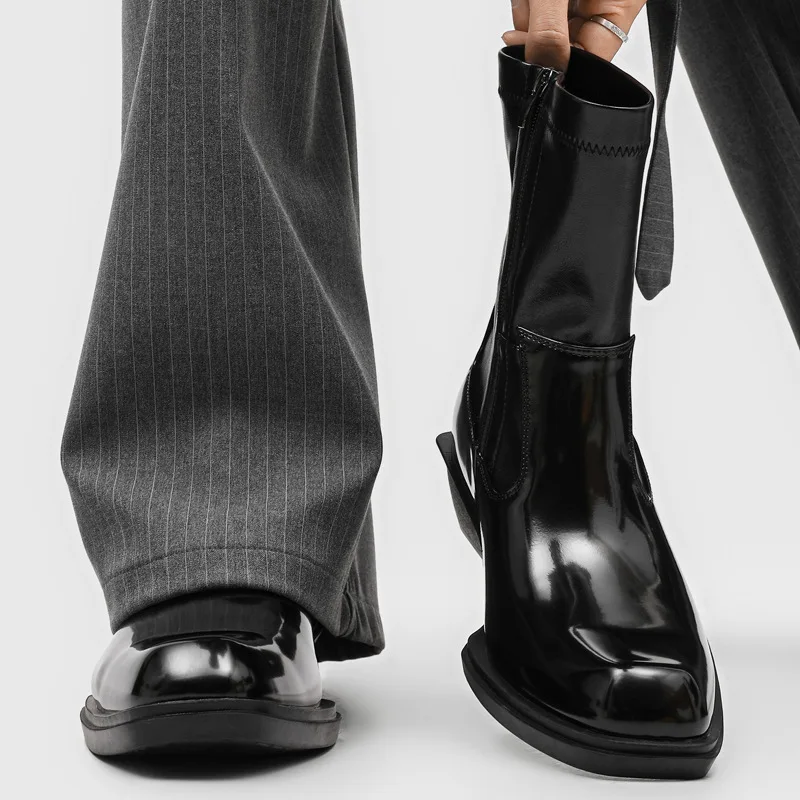 British style men fashion stage nightclub high chelsea boots black stylish shoes cowboy original leather boot square toe botas