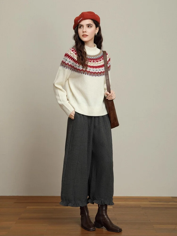 SuyaDream، سترة عيد الميلاد النسائية، صوف الأغنام 100%، رقبة وهمية، بلوفرات جاكار دافئة، بلوزة محبوكة لخريف وشتاء 2025، أحمر، رمادي #3