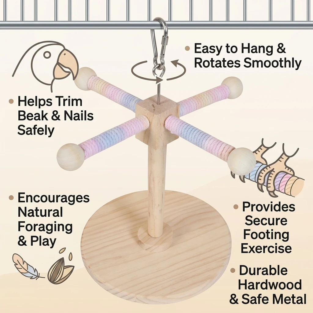Parrot Rotating Windmill Stand Interactive Hanging Toy Durable Chewing Beak Grinding Natural-Wood Stainless Steel