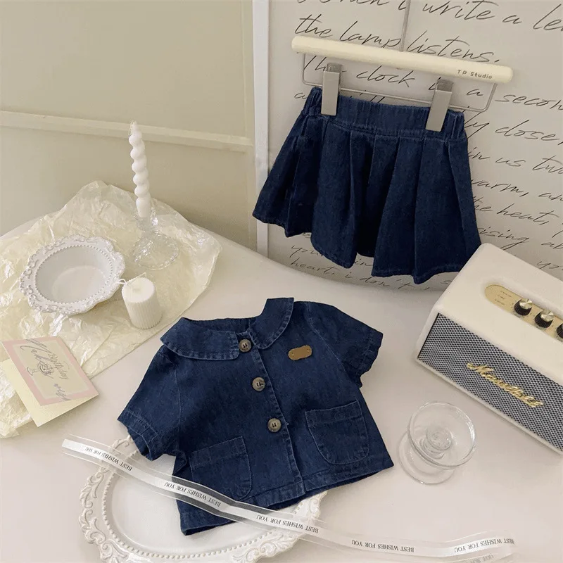 Baby Girl Clothes Suit Girls Preppy Style Doll Collar Short Sleeve Denim Pleated Skirt Female Treasure Top Skirt Two-piece Set