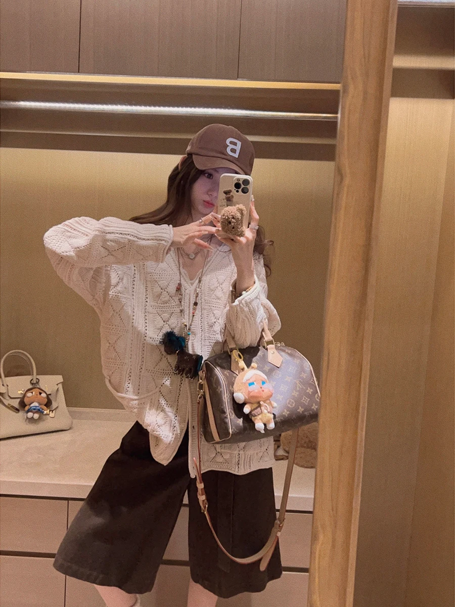 

Yukiss n Sle Knitted Open Cardigan Lacework Hollow out 3D Knotting Crt Long Sve Winter Women's Sweater