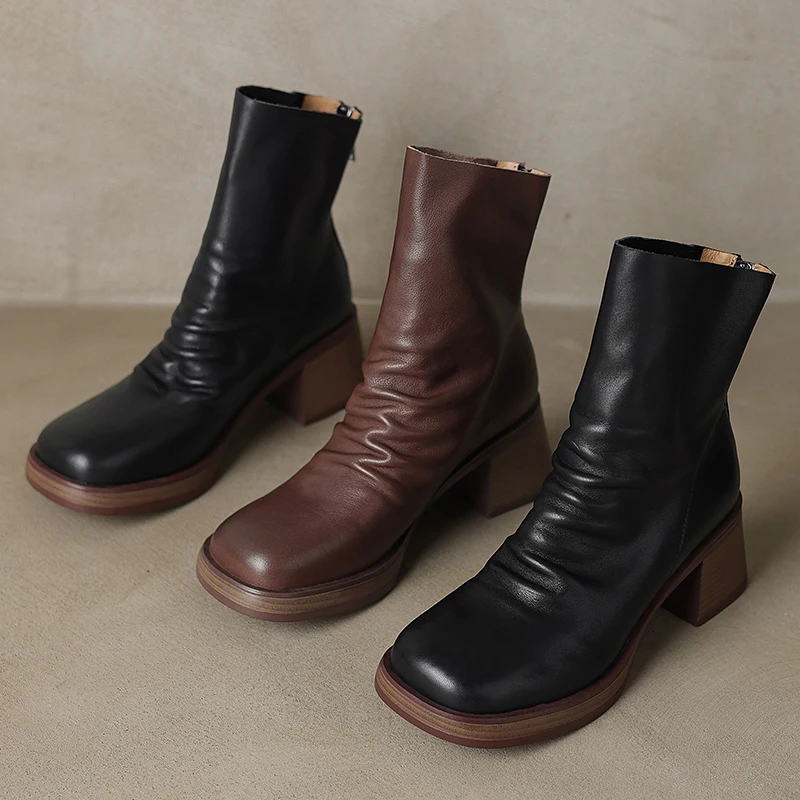 2024 Autumn Winter New Retro Style Genuine Cow Leather Women High Heels Boots Back Zipper Mid-calf Vintage Short Chelsea Boots