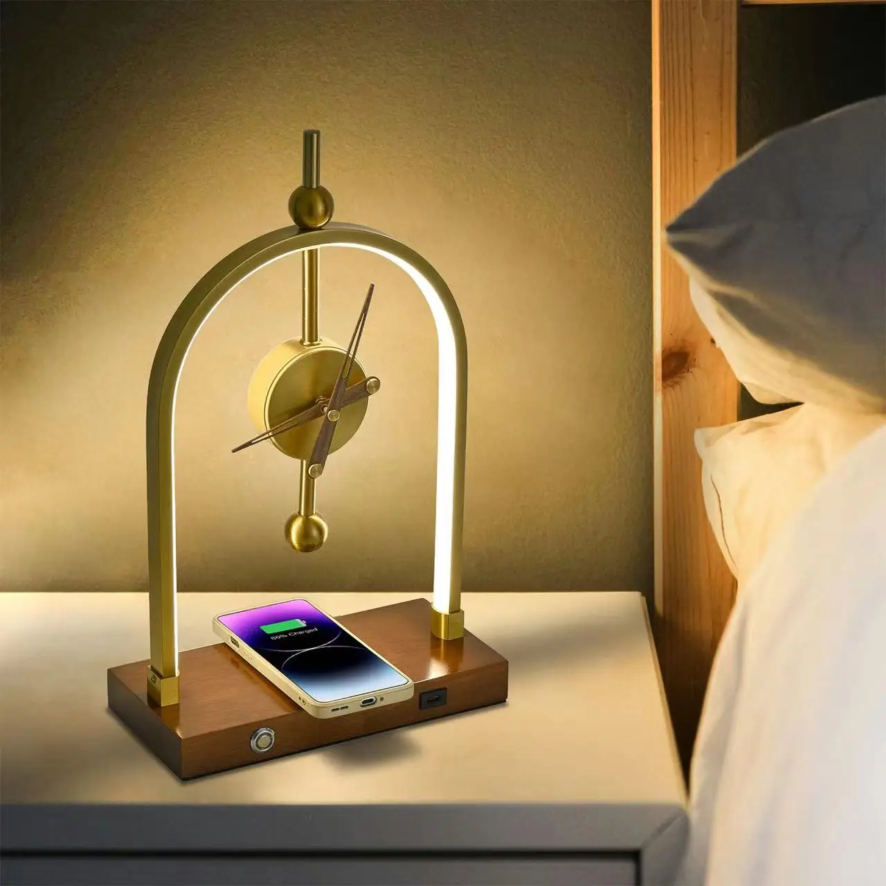 Gold Clock Desk Lamp Wood Vintage Stand Bedside Night Light Kids Study Bedroom Living Room Decor Home Atmosphere Led Table Lamp