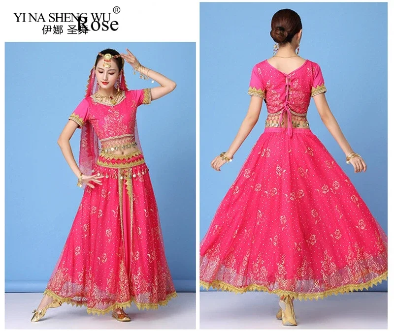 Sexy Bauchtanz-Kostümset für Damen im Bollywood-Stil, ägyptisch-indischer Stil, Chiffon-Oberteil mit Pailletten und Fransen, Rock für Bühnenauftritte – Detail 12