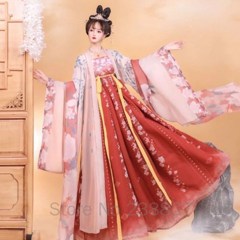 فستان صيني Hanfu المرأة القديمة تأثيري فساتين تانغ سلالة الشعبية أثواب رقص قميص بأكمام كبيرة كيمونو دعوى هالوين