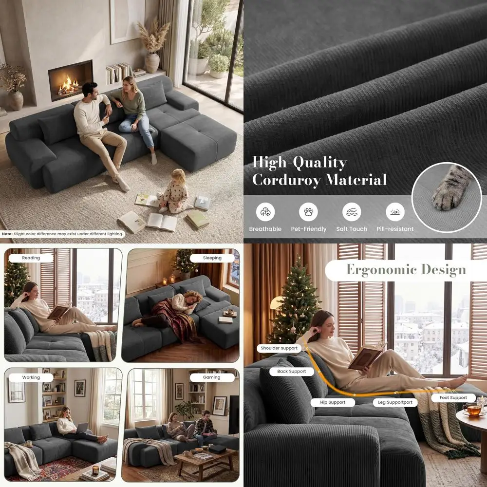 

L-Shaped Deep Seat Sectional Sofa with Ottoman and 3 Pillows, Grey Corduroy Oversized Couch for Living Room