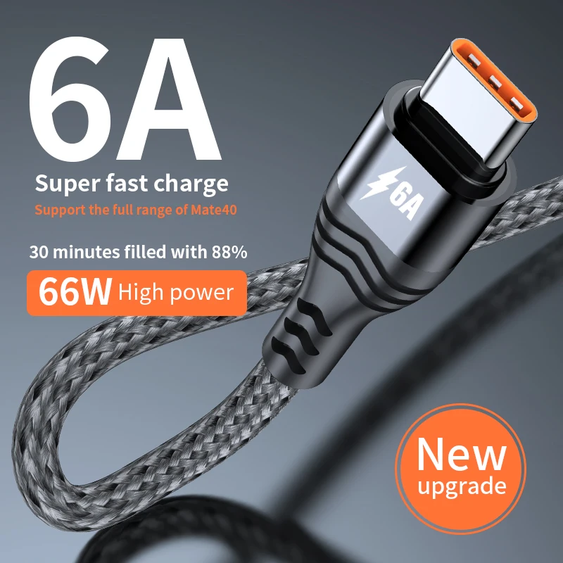 6A 66W USB نوع C كابل سريع شحن كابل 6A البيانات الحبل USB C شاحن أسلاك لسامسونج S21 Xiaomi هواوي P40 برو 3M 2M 1M