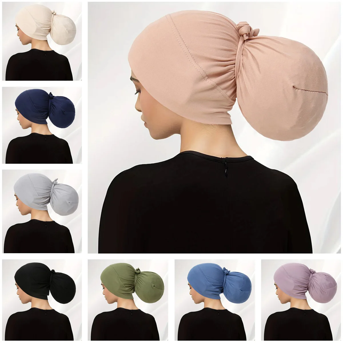 Multicolored Straps Muslim Turban Cap Solid Color Casual Head Wrap Elastic Hijab Hat Lightweight Beanie Women Chemo Cap