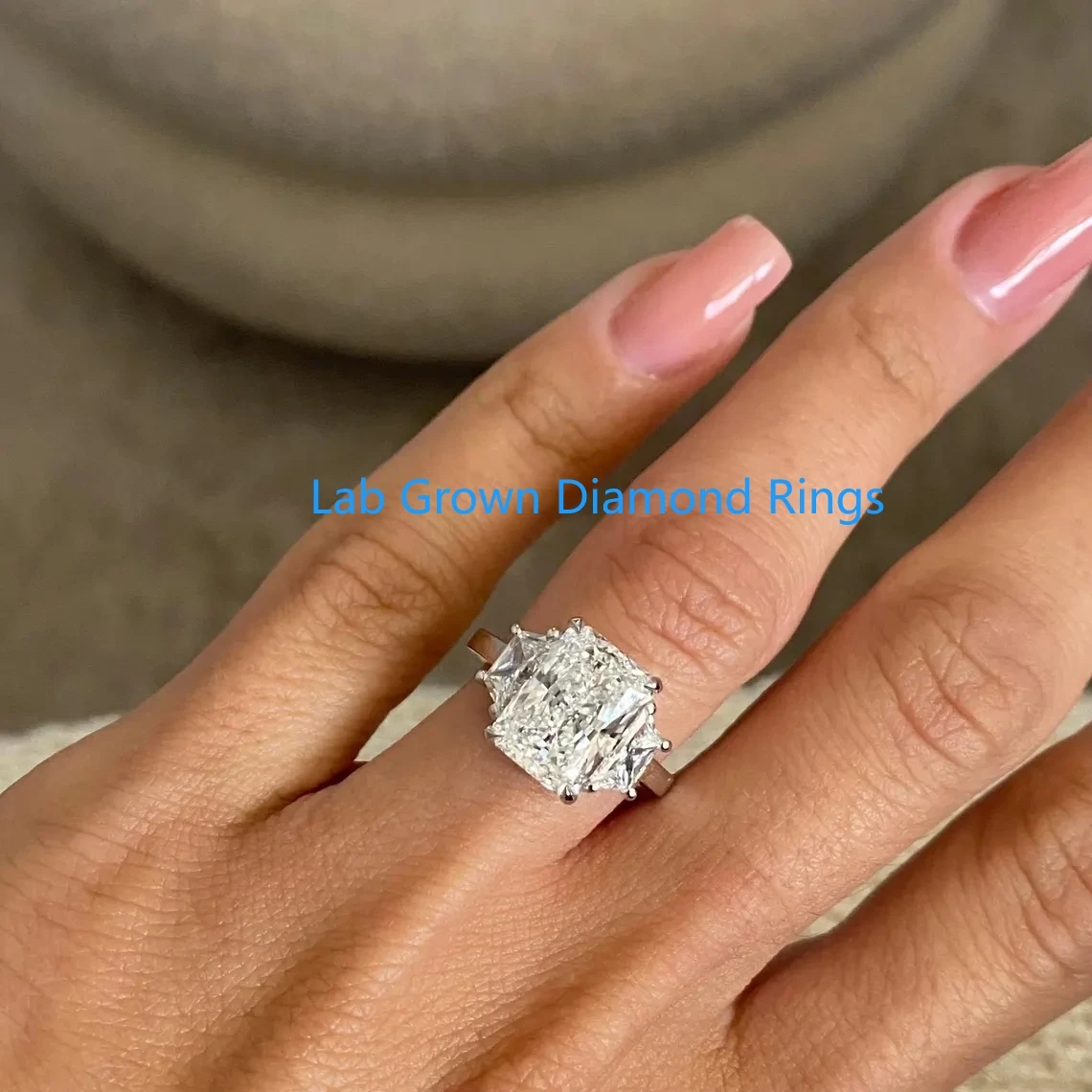 

4CT Radiant Cut IGI Lab Grown Diamond Three Stone Engagement Ring Trapezoid Side Stones Platinum 950 Diamond Wedding Ring