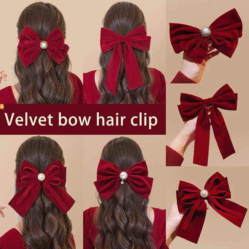 French Retro Style Small Fragrance Red Velvet Bow Hair Clip For Women's Back Of The Head Spoon Hair Clip Spring Clip Headwear