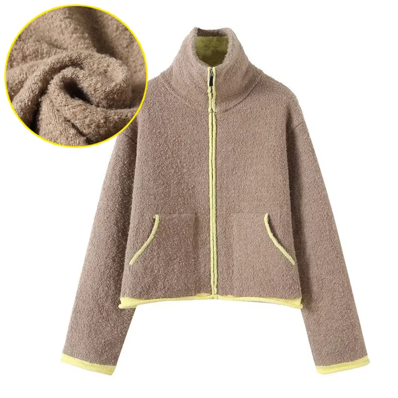 

Весенние новые контрастные вязаные кардиганы для женщин: элегантные, с длинными рукавами, карманами и молнией, стильная уличная одежда для леди