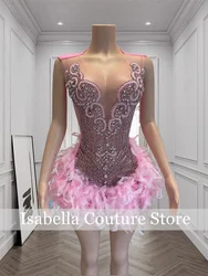 Shining Pink Elegant Short Dresses Feathers Beads Crystal 2024 Birthday Luxury Robe Graduation Dresses Hoco Dress Customized