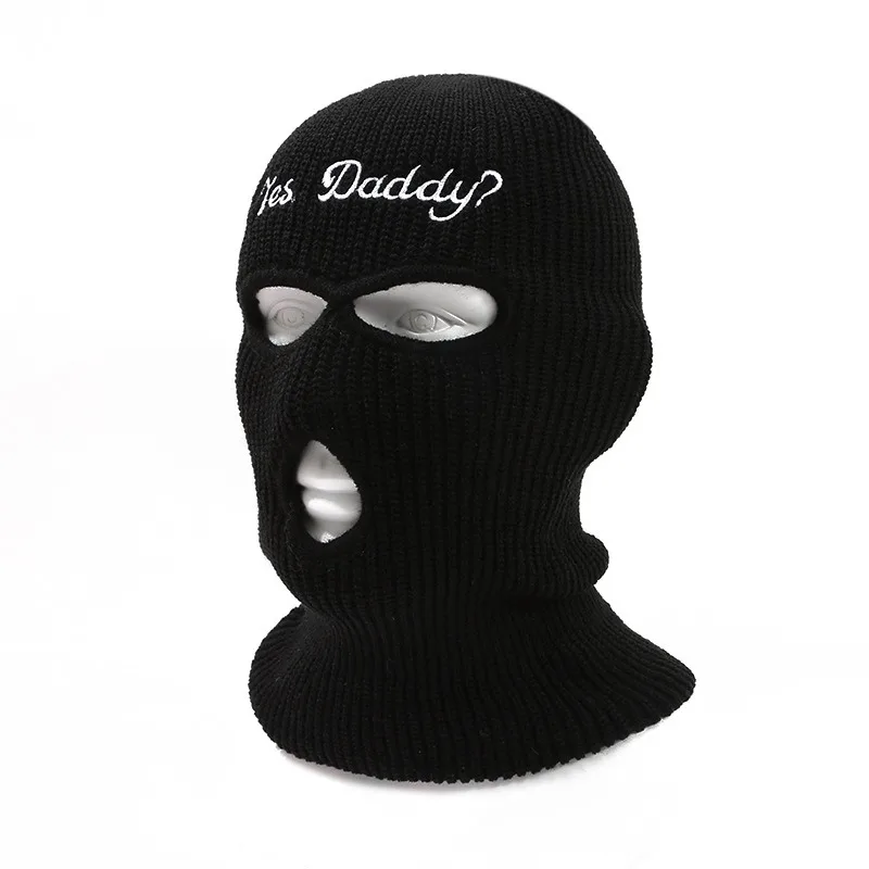 Balaclava Full Face Mask Embroidery Winter Hat for Woman Ski Mask Yes Daddy Warm Knit Full Caps Outdoor Sports Beanies