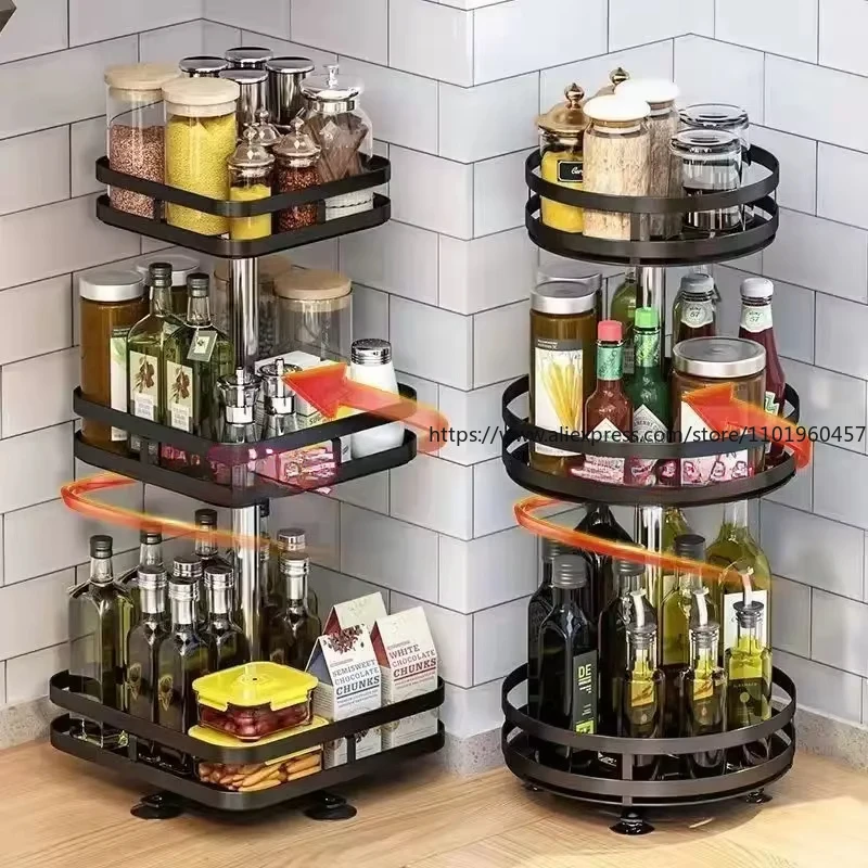 360°Rotation Spice Rack Organizer Jar Cans For Kitchen Accessories Non-Skid Carbon Steel Storage Tray For Seasonings And Spices
