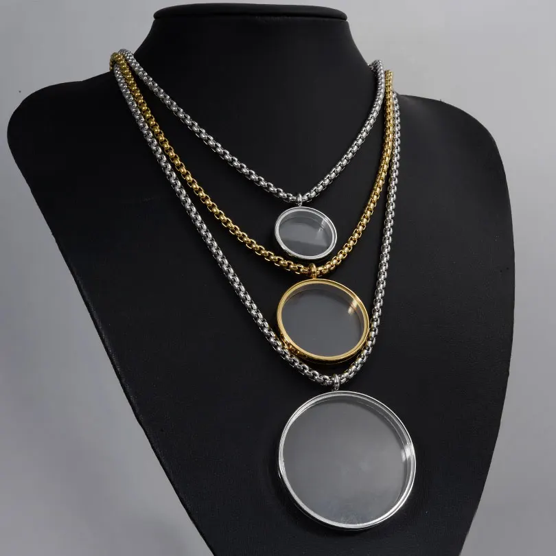 1Pc 25-45mm Chunky Round Coin Holder Floating Locket Pendant Necklaces Glass Box Memory Ashes Urn Relicario Men Collares Jewelry
