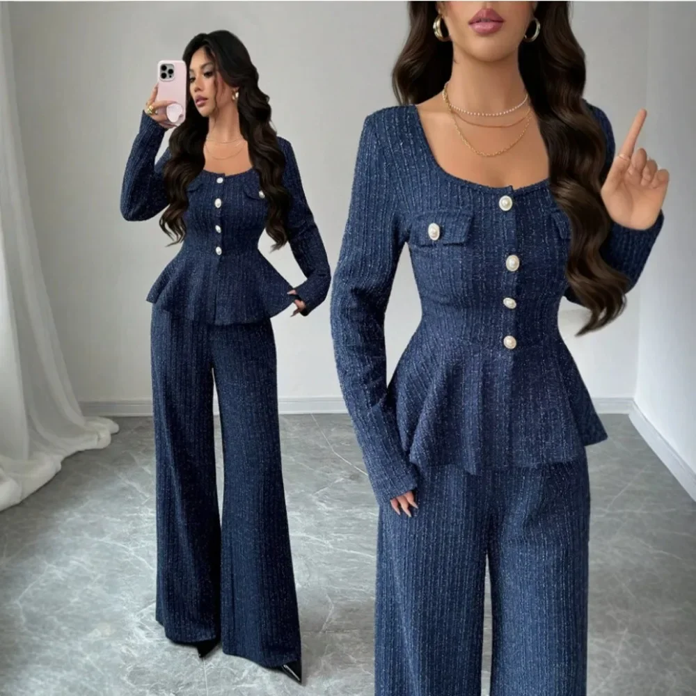 Private Style Celebrity Look Tweed Pants Set Square Collar Top Elegant Casual Suit