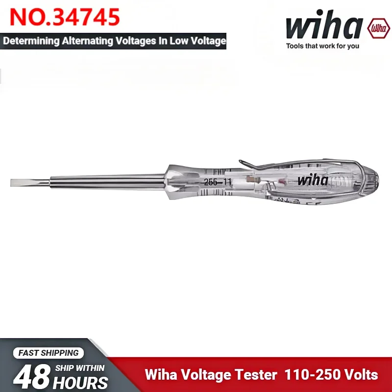 Wiha NO.34745 Voltage Tester Single-pole 110-250 Volts Electrical Testers with Push-on Clip 3.0mm Slotted Transparent