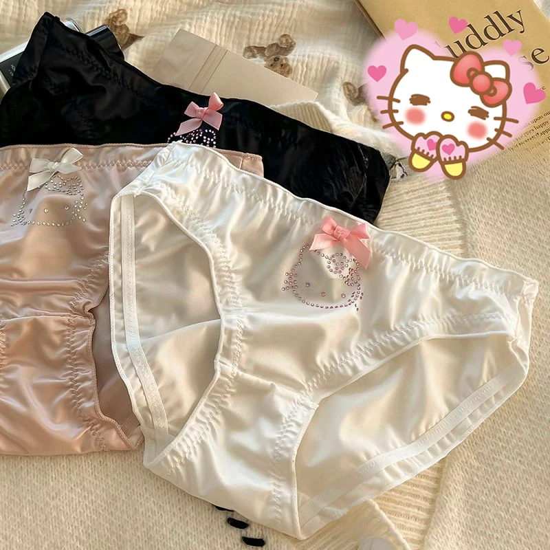 Girl Sweet  Satin Hello Kitty Flash Diamond Underwear Female Winter Silky Briefs Boxers Pant Underpants Suit Life Daily Clothes