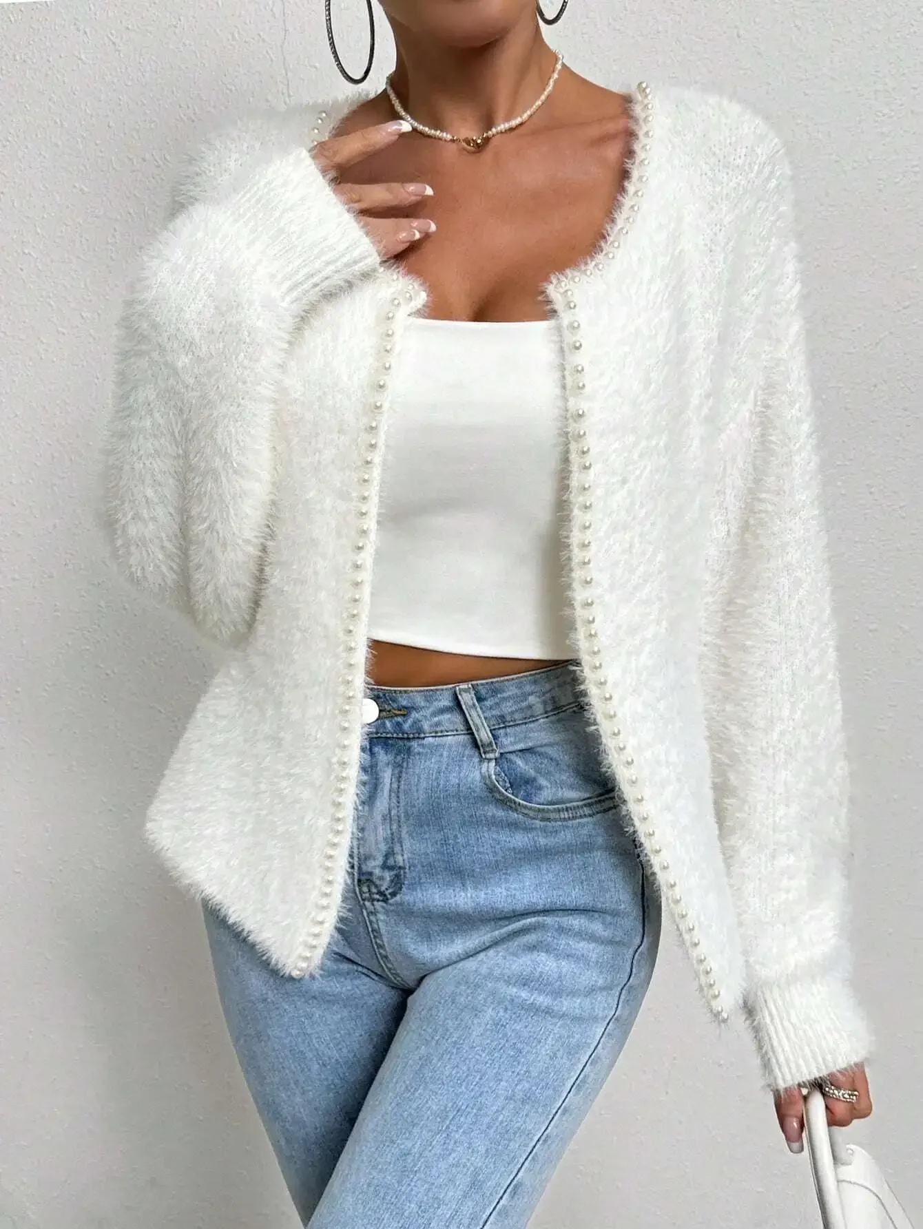 Womens Open Front Pearl Beaded Knit Cardigan High Society Glam Aesthetic Long Sleeve Fluffy Eyelash Feather Sweater Coat Solid Pure Winter White Round Neckline Edge Trim Drop Shoulder Ribbed Cuffs Slouchy Fit For Fall Holiday Party Outfits Christmas Gift