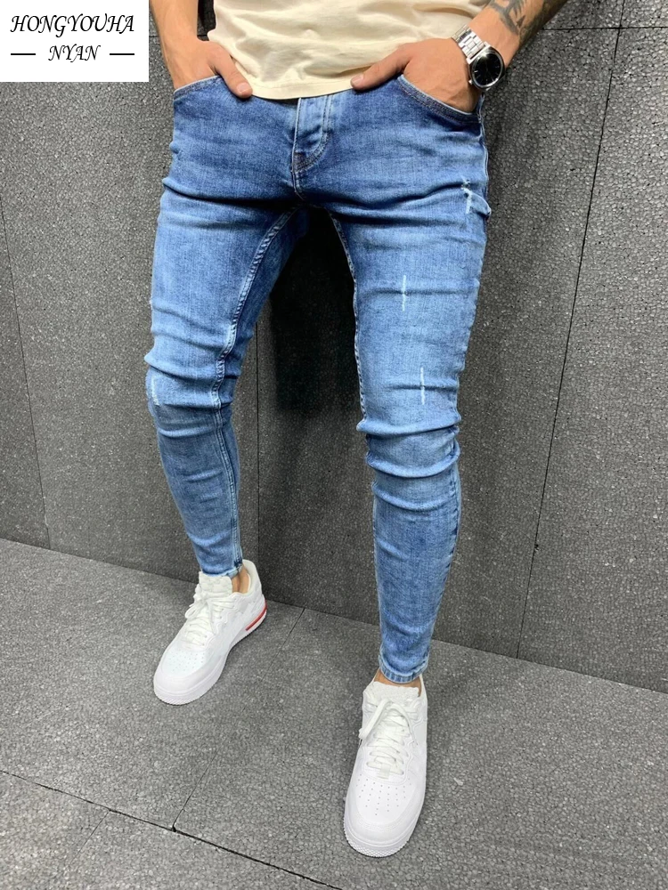 High Quality Blue Jeans for Men Stretch Sexy Biker Jeans Frayed Slim Fit Pencil Pants Skinny Jean Street Casual Jogging Trousers