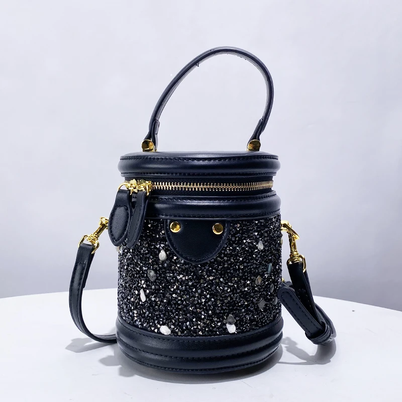 Fashion Mini Bucket Bag For Women Luxury Designer Handbag Purse 2024 New In Mosaic Shining Imitation Diamond Top Handle Shoulder