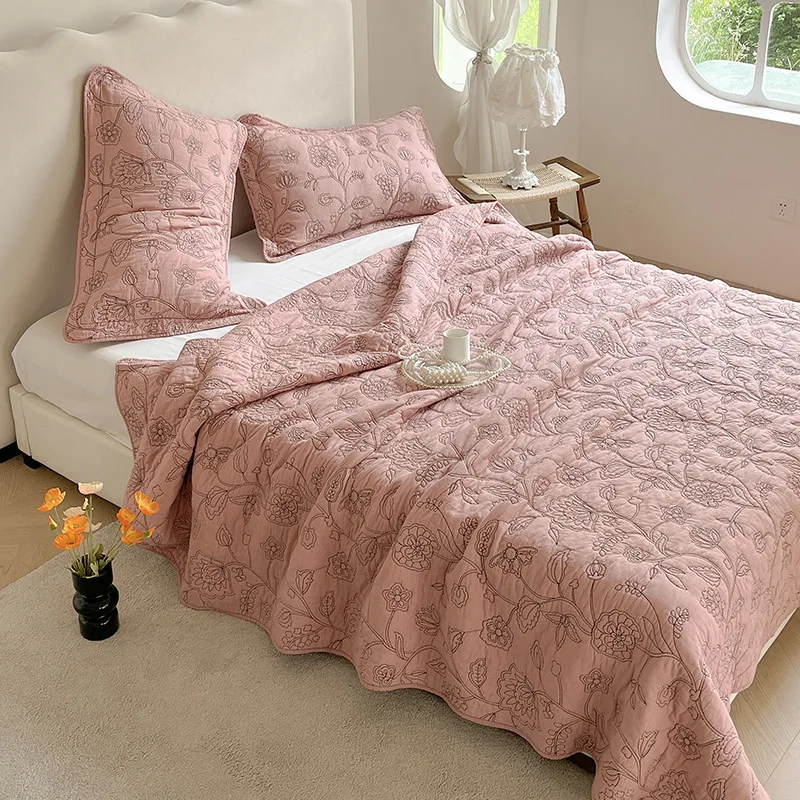 3-Piece 100% Cotton Quilt Set, Rustic Solid Color Embroidered Lightweight Summer Bedspread, Non-Slip Quilted Sheet Home Decor