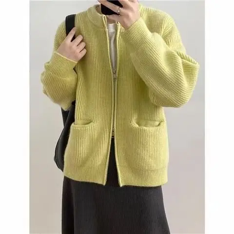 Women\'s Modern Double Zipper Knitted Cardigan New Fashion Spring Fall Round Neck Knit Sweater Loose Short Outer Wear Coat U395