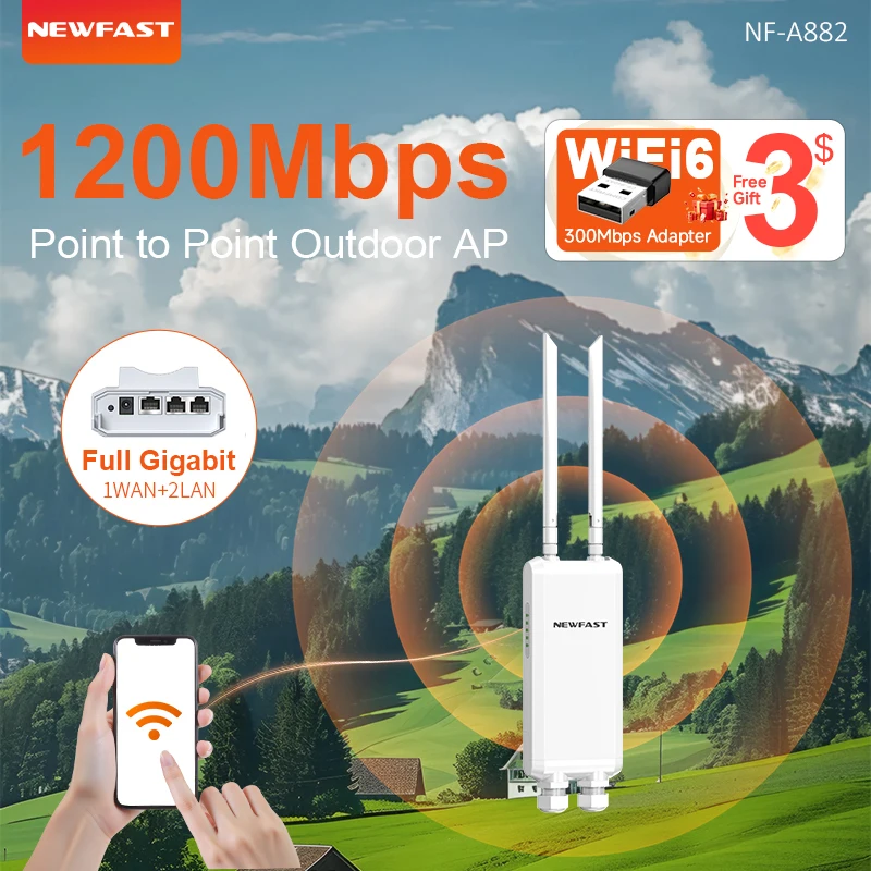 NEWFAST 2.4G/5.8G Outdoor Wireless AP 1200Mbps Access Point 48V POE Wifi Router Long Range WI-FI Extender Gigabit