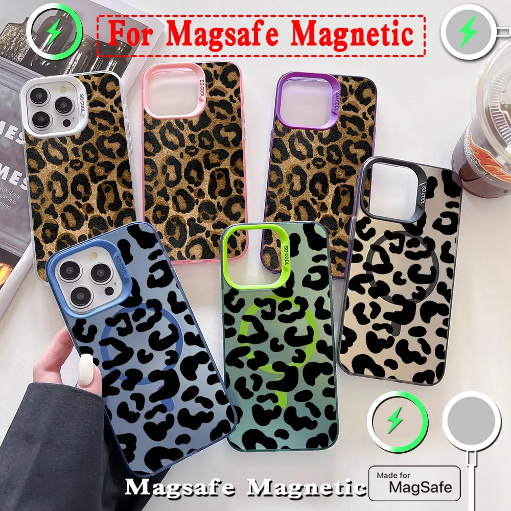 INS Brown Leopard Print Y2K Magsafe Magnetic Case for iPhone 11 12 13 14 15 16 Pro Max Plus Soft Silver Plated Anti Fall Cover