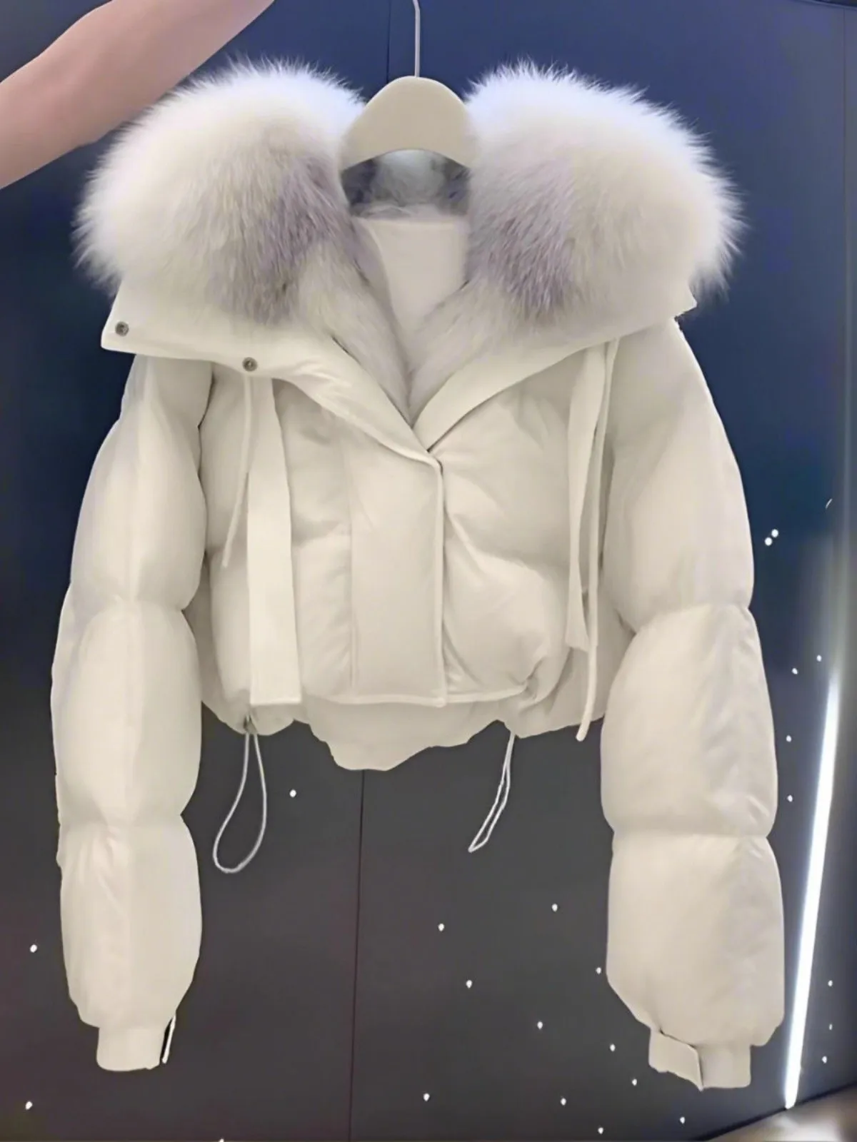 

Faionable White ort Cotton Jaet Women's Warmth Large Fur Collar Autumn Winter Design Sense Trendy New Outerwear