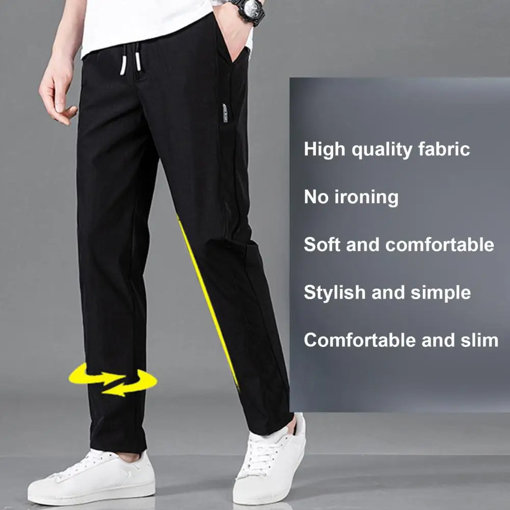 

Business Casual Pants Men's Ice Silk Slim Fit Sweatpants with Side Pockets Drawstring Waist for Gym Training Jogging Quick Dry