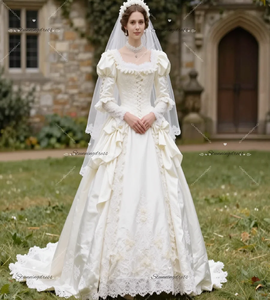 

Retro Victorian Princess Wedding Dress Long Sleeve Lace Renaissance Garden Country Bridal Dress Soft Satin Romantic Celtic Gown