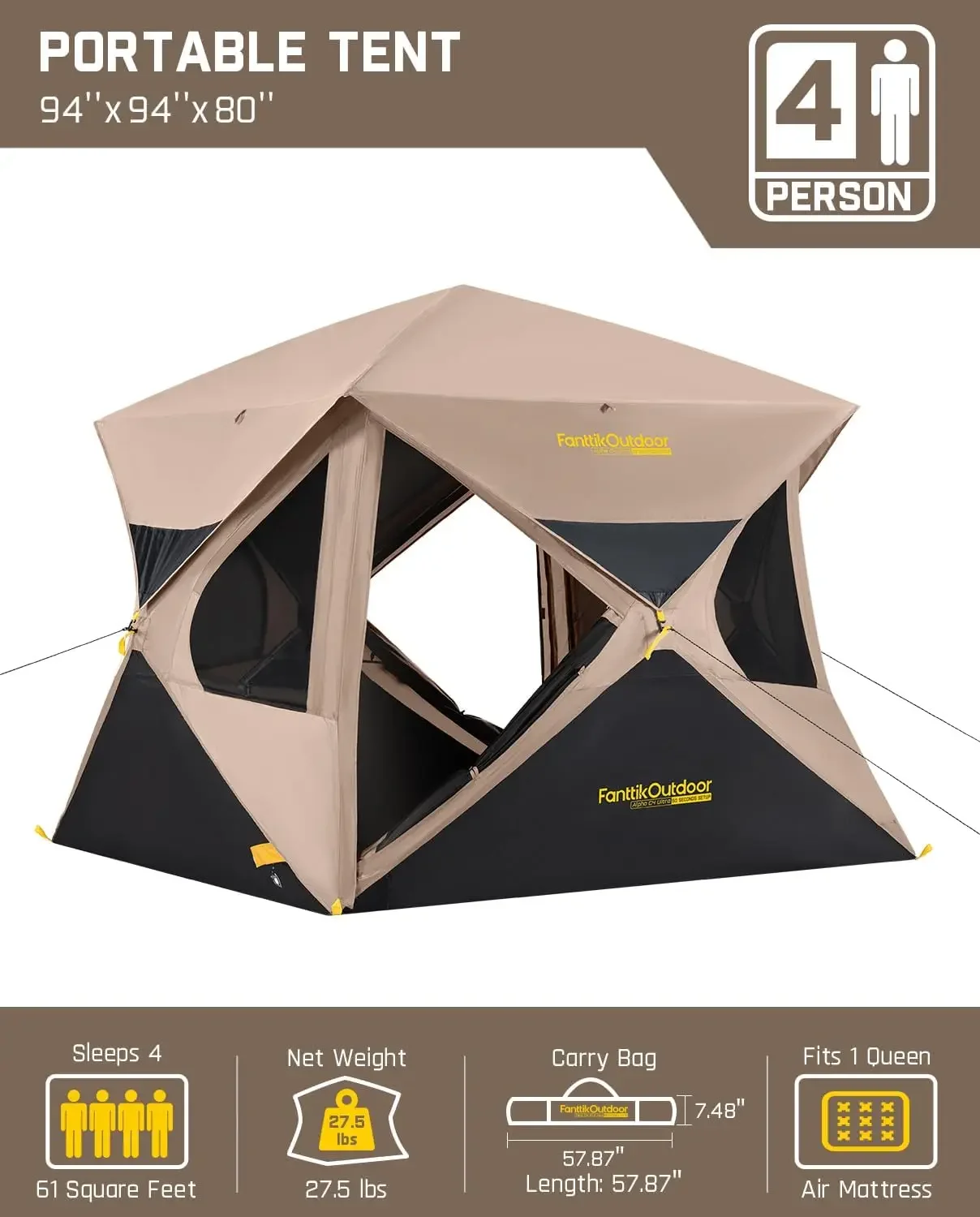 Alpha C4 Ultra Camping Tent 4 Person Pop Up Instant Cabin Setup in 60 Seconds Portable Hub Tent with Rainfly & Windproof