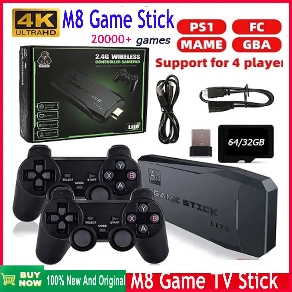 New M8 Video Game Stick Lite 4K Video Game M8 Console 64GB build in 20000+ Retro Games Double Wireless Controller For Children