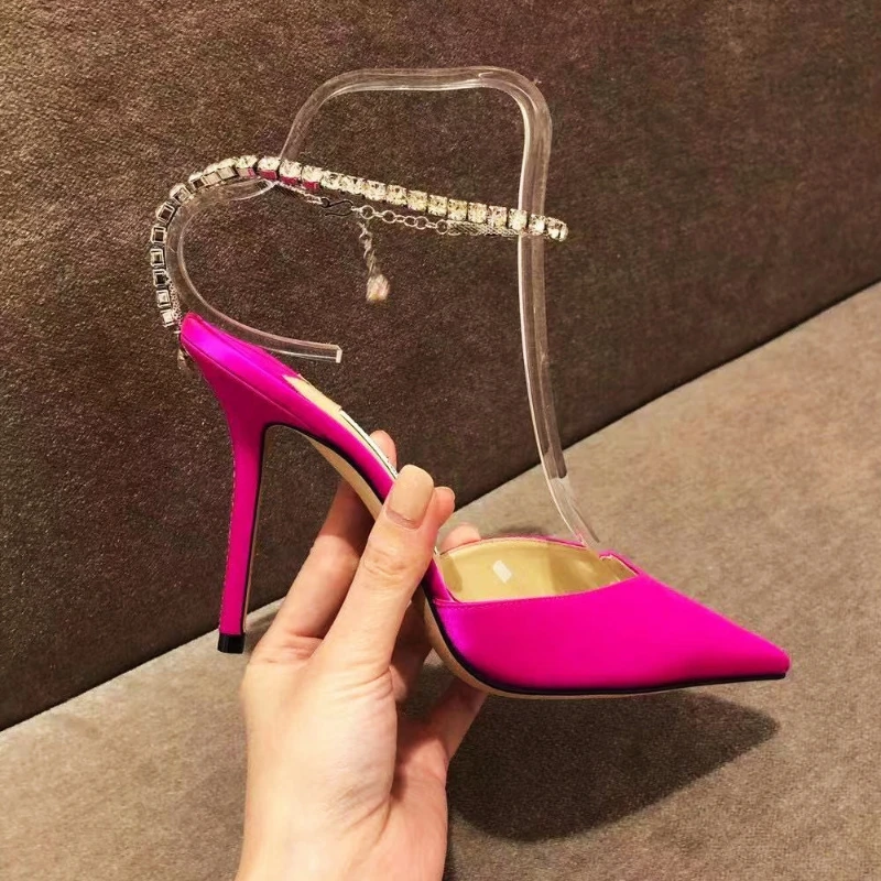 High Heels 2023 New Summer Rhinestone Chain Pointed Black Sexy Stiletto Toe Box Sandals For Women