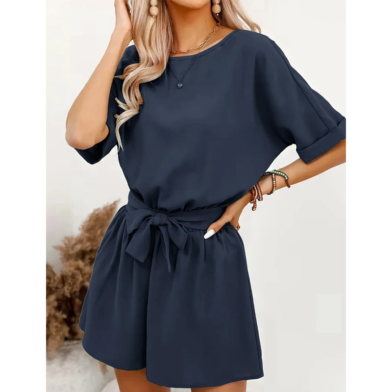 

Plus Size Women's Two Piece Sets Summer Short Sleeve Romper 2025 Casual Loose Bow tie Crew Neck Short Jumpsuit One Piece Outfits