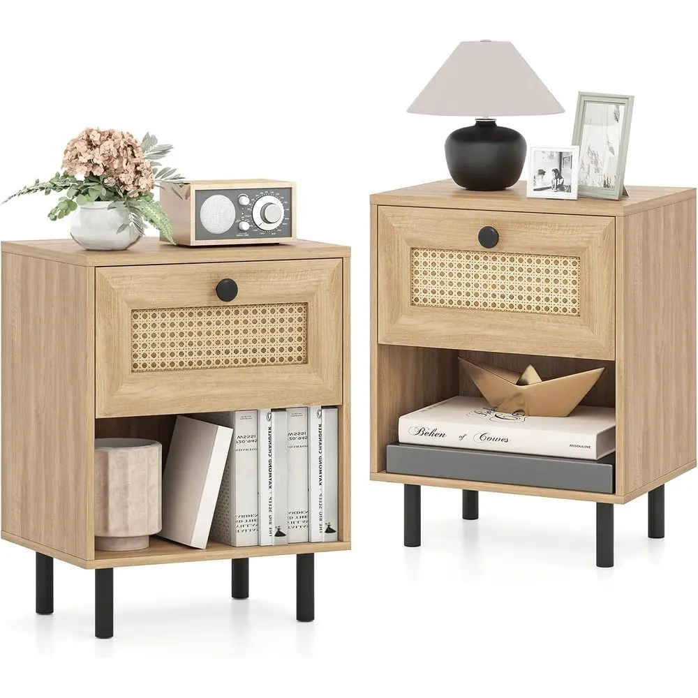 

Natural Wood Boho Nightstand with 4 Metal Legs, Open Storage Shelf, Ideal for Small Spaces and Bedroom Office