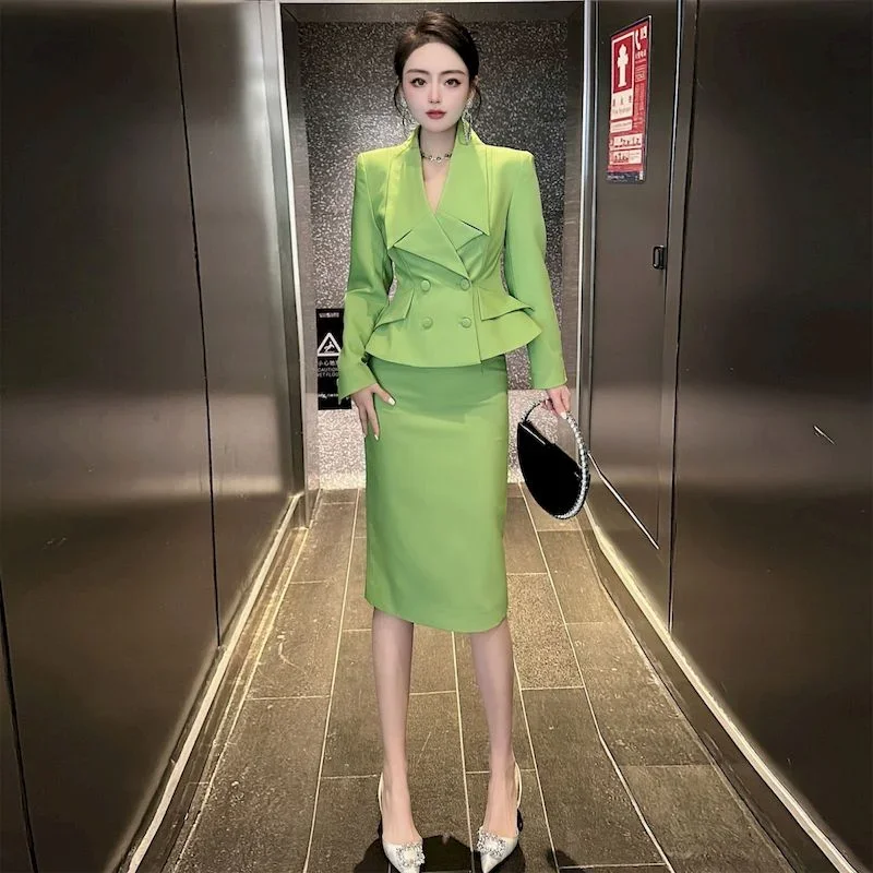 Insozkdg Casual Cutting Fashion Office Suit Double-breasted SLIM Blazer A Line Skirt Women Solid Color Two Piece Set for 