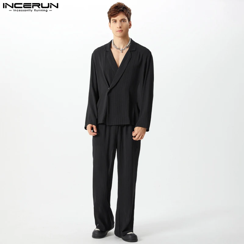 Fashion Casual Sets INCERUN New Men\'s Long Sleeved Suit Pants Solid All-match Slanted Placket Design Striped Two-piece Sets 2024