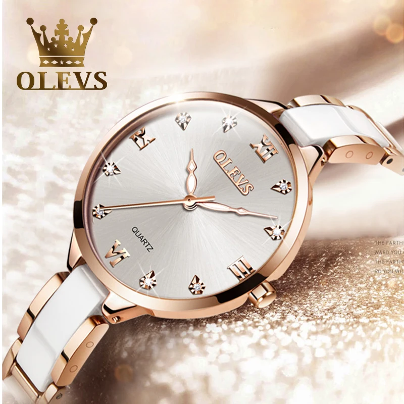 OLEVS-Relógio quartzo impermeável para mulheres, pulseira de cerâmica elegante feminina, movimento japonês, presente dia dos namorados, 30m