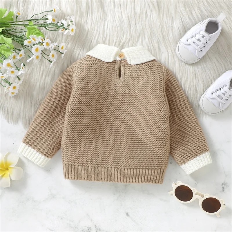 Newborn Infant Baby Girls Boys Knit Sweaters Long Sleeve Lapel Collar Contrast Color Pullover Infant Fall Knitwear Tops