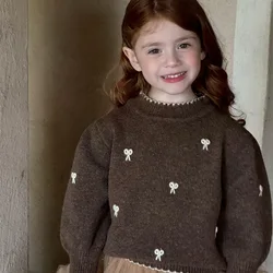 Childrens Sweater Winter New Girl Embroidery Butterfly-knot Lace Vintage Countryside Style Sweater Kids Clothes