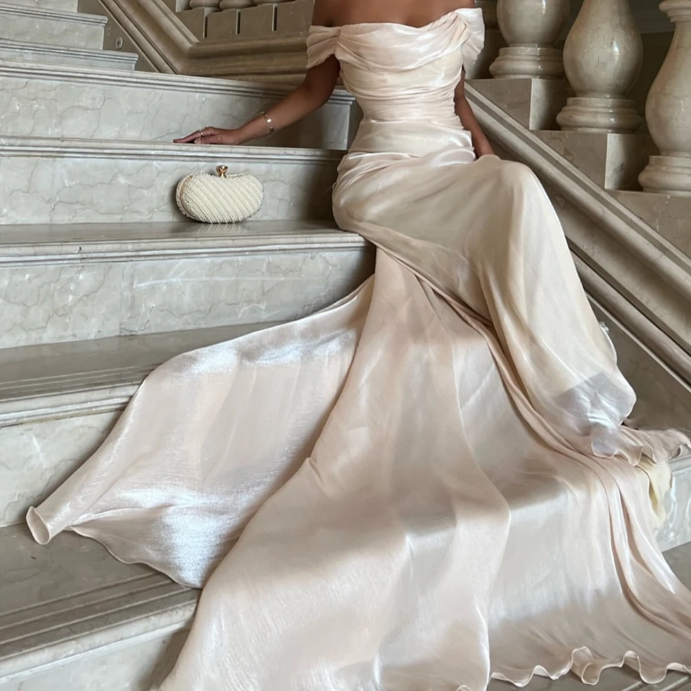 Vestidos de Noche de sirena personalizados, vestido de fiesta sin mangas hasta el suelo con hombros descubiertos, vestido de fiesta drapeado sin espalda a la moda Simple