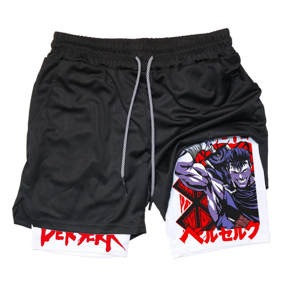 Anime Gym Shorts Men’s Double Layer 2-In-1 Quick-Drying Sweat-Absorbent Gym Shorts Men With Pockets Stretchy Running Shorts Men