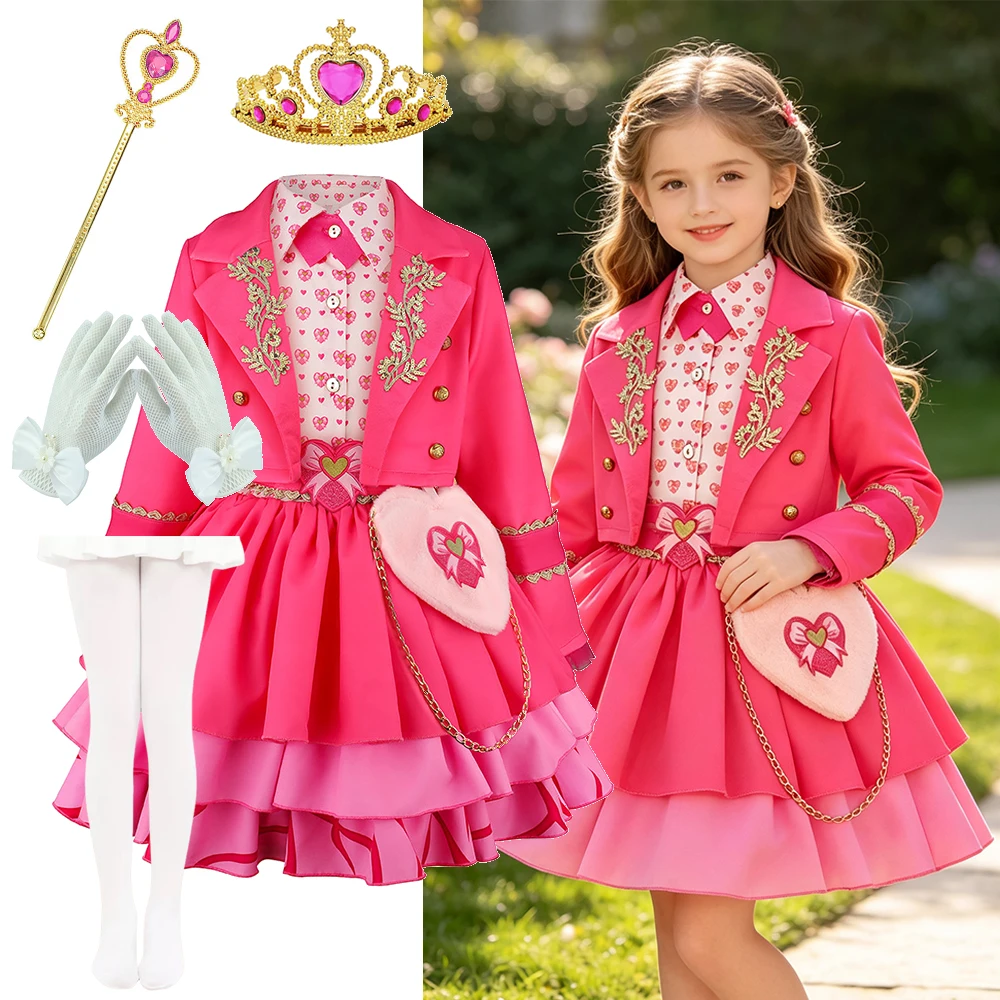 Kit de Disfraz de Princesa para Niñas, Top Rosa Bordado, Falda con Volantes y Bolso Bandolera con Corazón, para Halloween, Cosplay, Fiesta de Cumpleaños